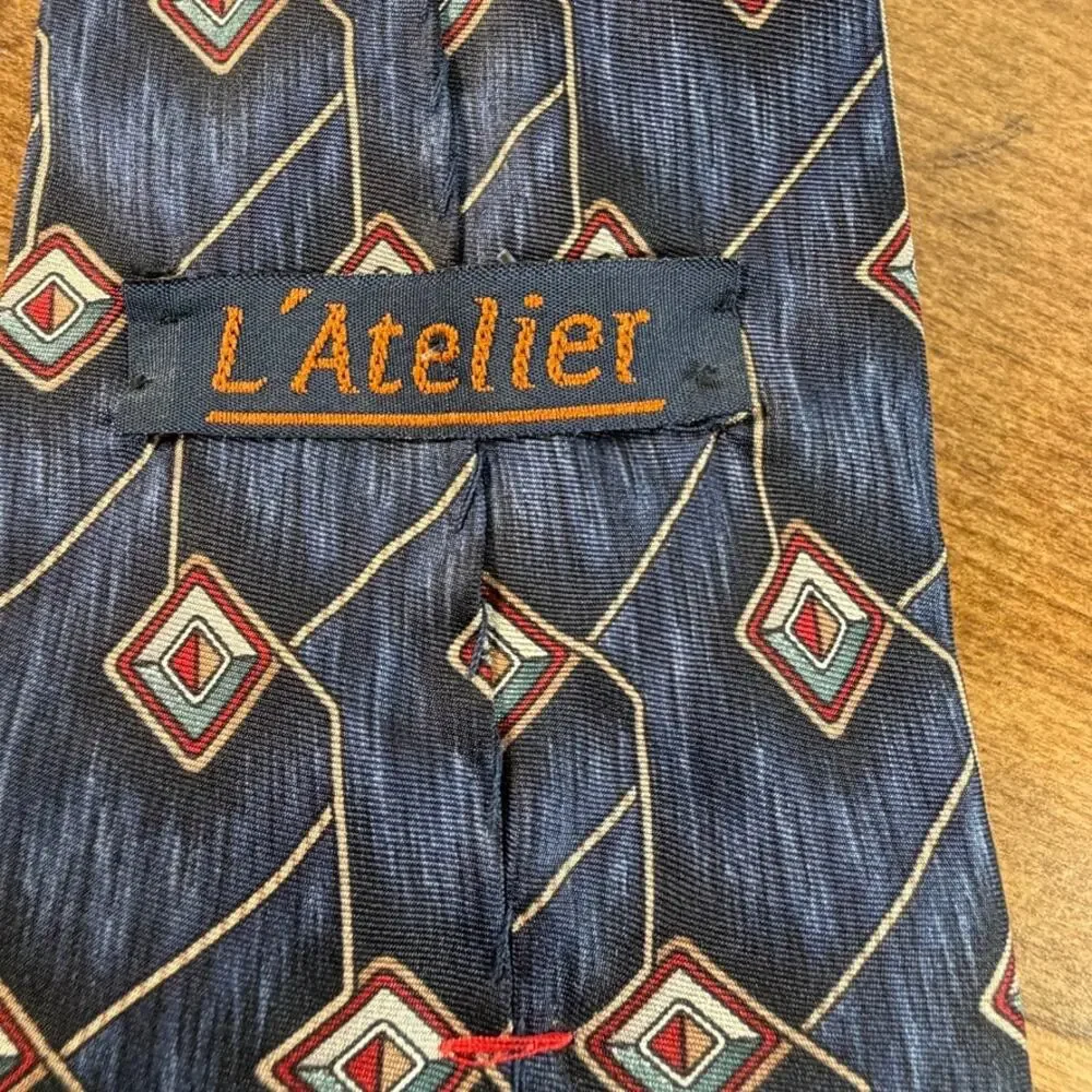 Vintage L'Atelier Slate Blue Geometric Diamond Silk Blend Necktie